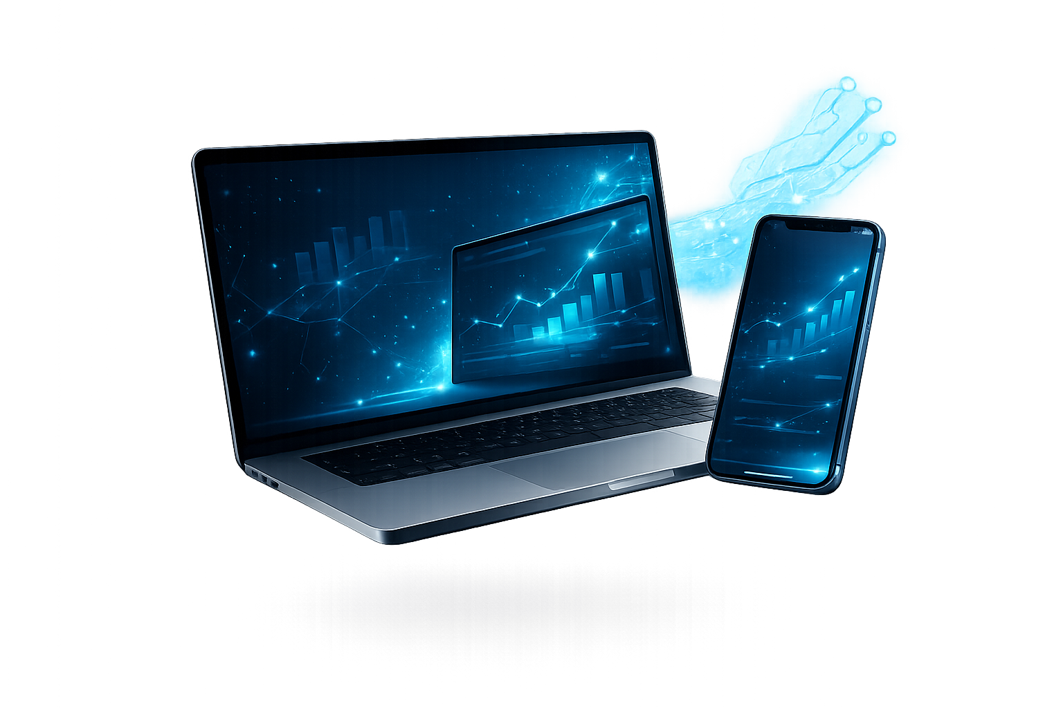Sitio web mostrado en una laptop y un celular